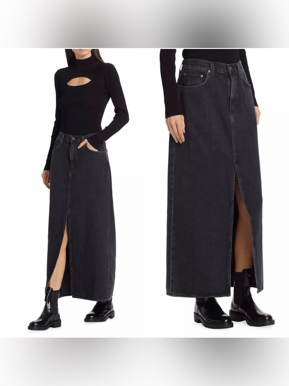 Agolde Washed Black Denim Maxi Skirt with Leaf Front Slit NWT